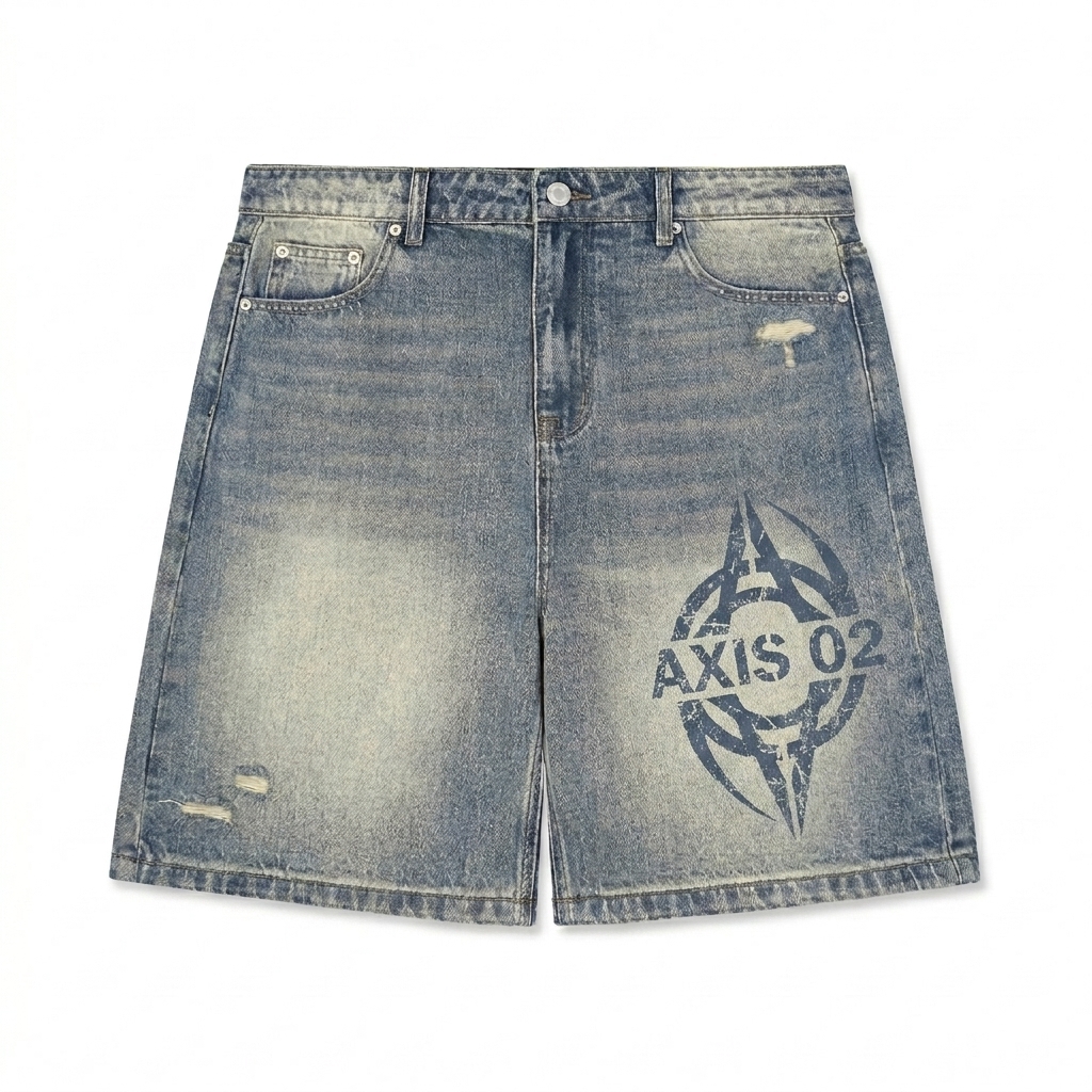 Custom Faded Distressed Denim Shorts design direction 2: Retro Skate Graphic featuring the AXIS 02 wordmark