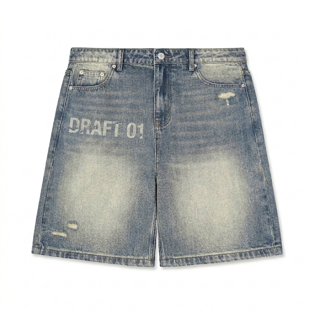 Custom Faded Distressed Denim Shorts design direction 3: Deconstructed Type Lockup featuring the DRAFT 01 wordmark