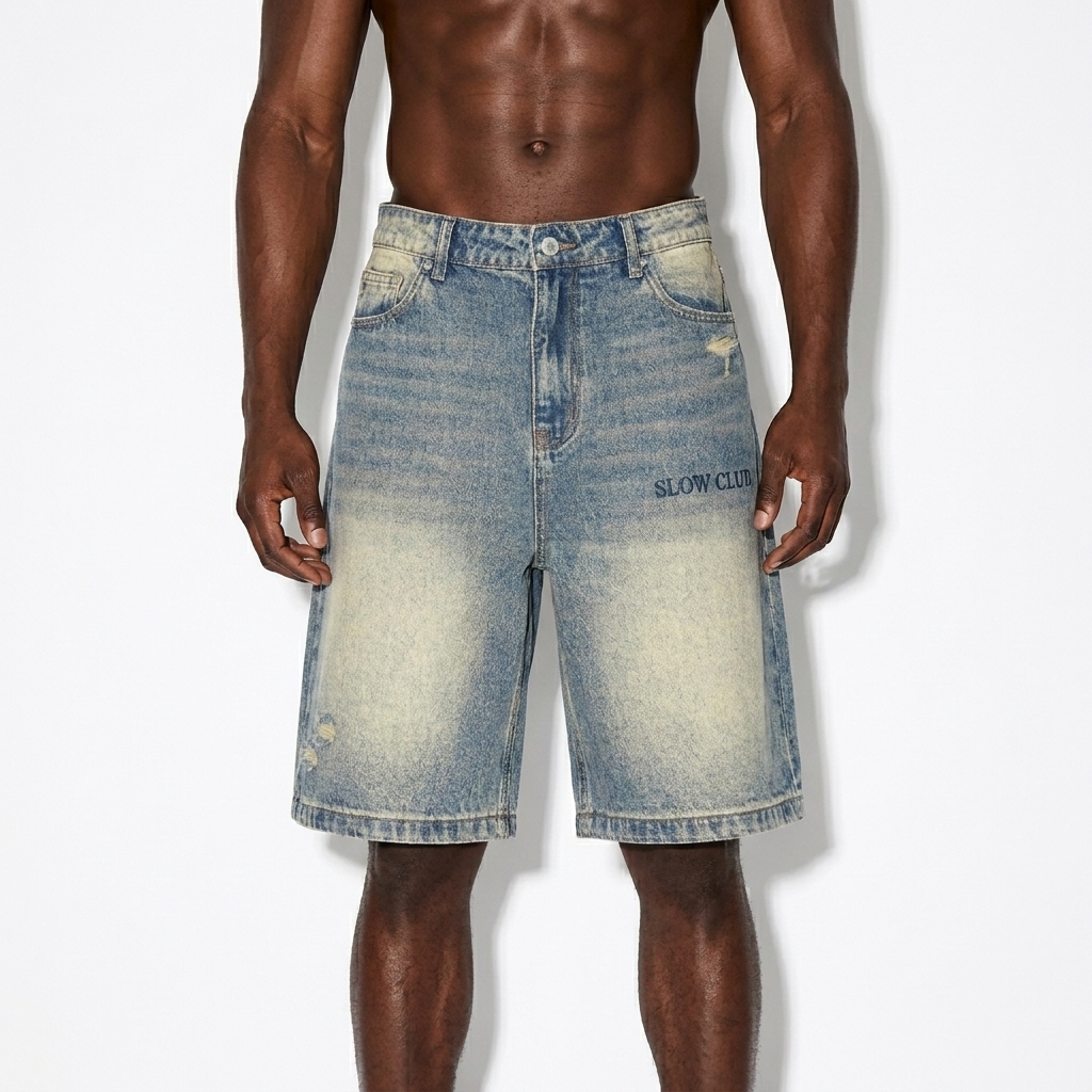 Faded Distressed Denim Shorts worn by a athletic muscular African American male fashion influencer, techwear modern styling, studio lookbook — custom faded distressed denim shorts