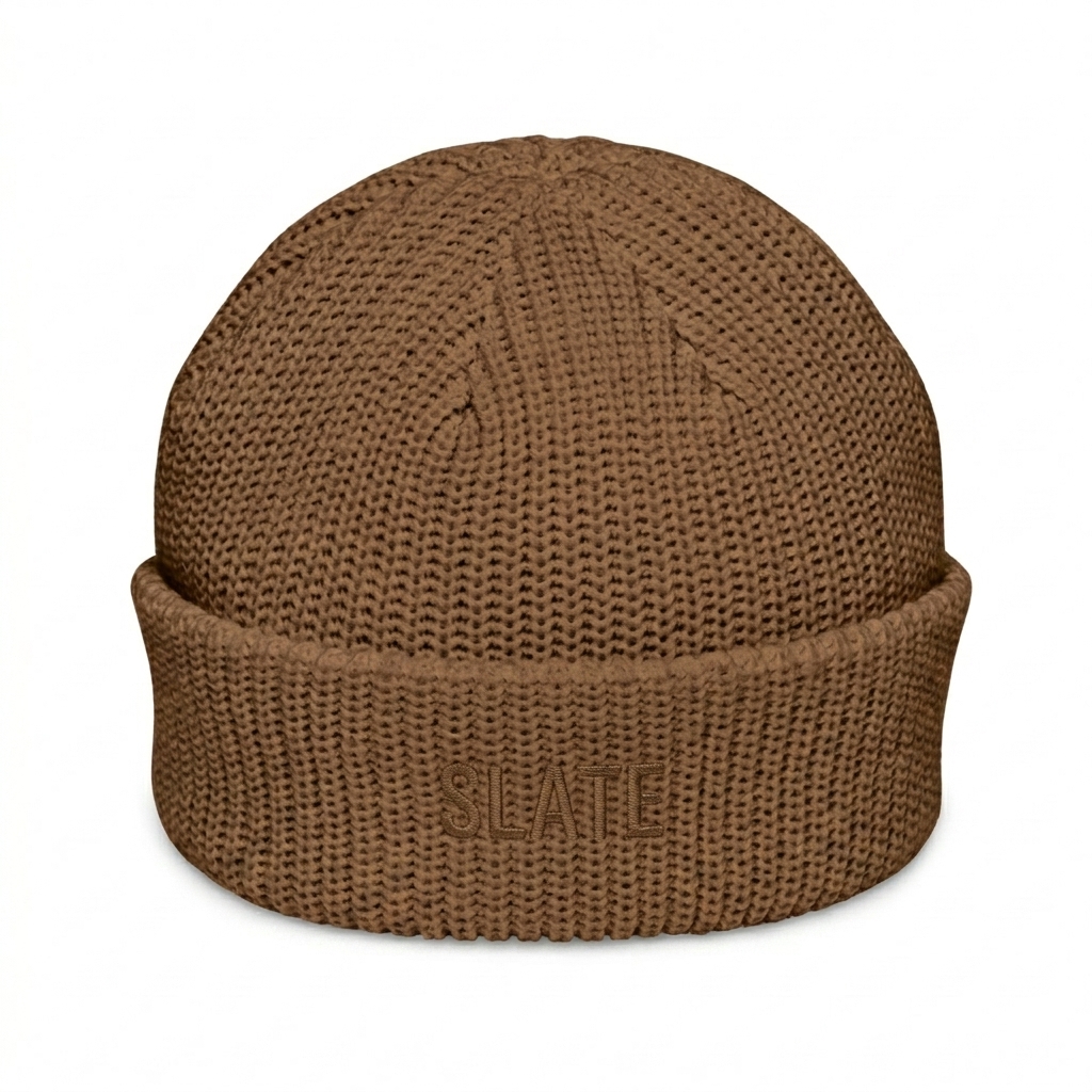 Custom Fisherman Knit Beanie design direction 1: Tonal Minimalist Wordmark featuring the SLATE wordmark