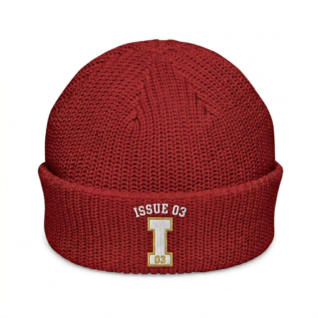 Custom Fisherman Knit Beanie design direction 2: Retro Collegiate Emblem featuring the ISSUE 03 wordmark