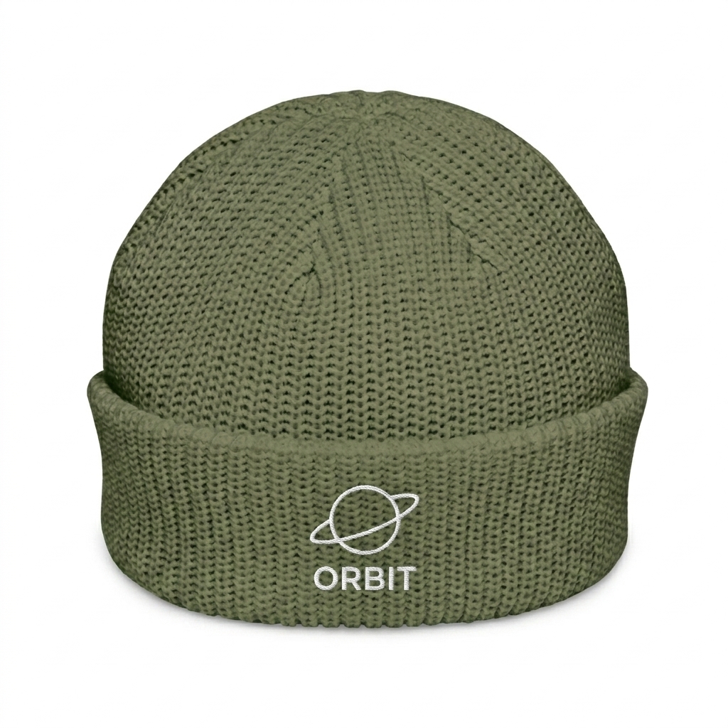 Custom Fisherman Knit Beanie design direction 3: Minimal Line Drawing featuring the ORBIT wordmark