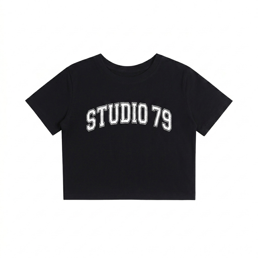 Custom Fitted Crop Cotton T-Shirt design direction 3: Retro Collegiate Statement featuring the STUDIO 79 wordmark