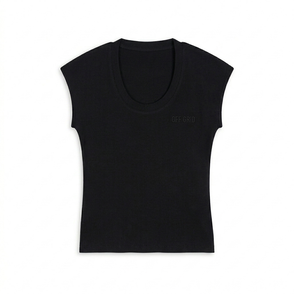 Custom Fitted Sleeveless T-Shirt design direction 1: Tonal Minimalist Wordmark featuring the OFF GRID wordmark