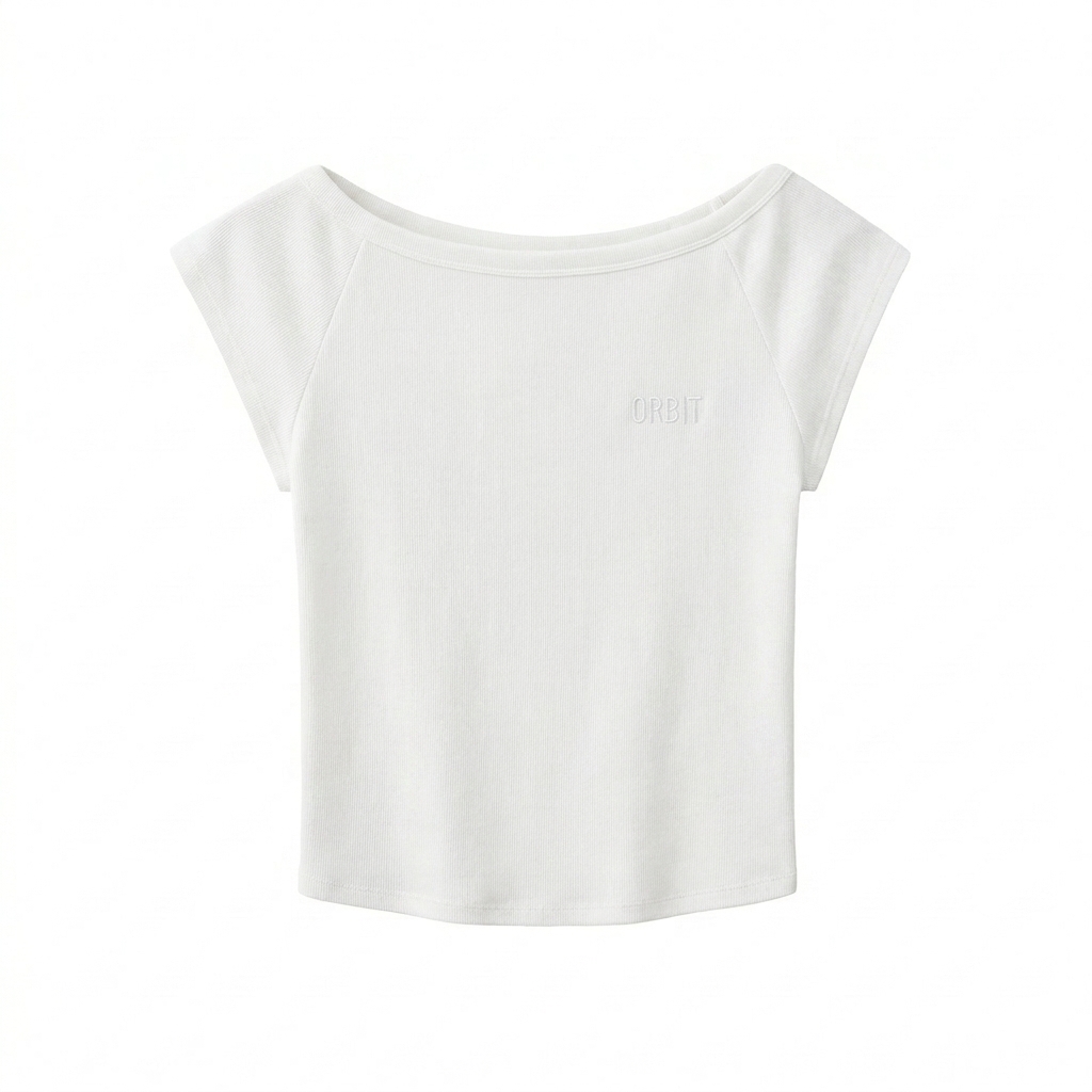 Custom Fitted Wide Neck T-Shirt design direction 1: Tonal Minimalist Wordmark featuring the ORBIT wordmark