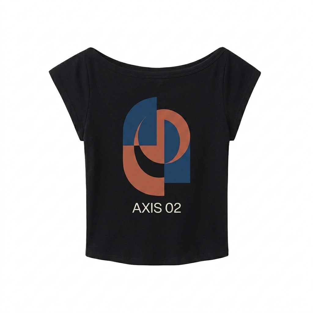 Custom Fitted Wide Neck T-Shirt design direction 2: Bold Abstract Graphic featuring the AXIS 02 wordmark