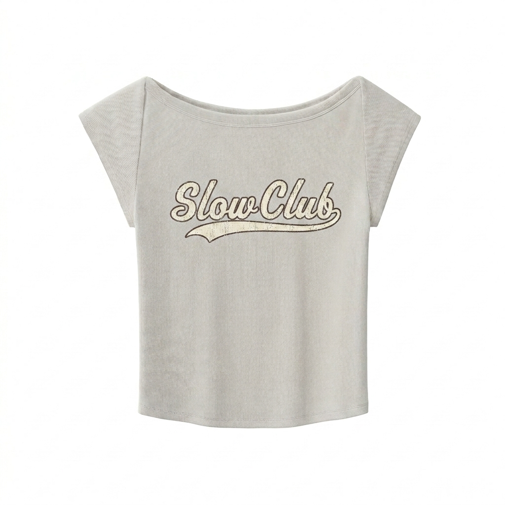 Custom Fitted Wide Neck T-Shirt design direction 3: Retro Collegiate Script featuring the SLOW CLUB wordmark