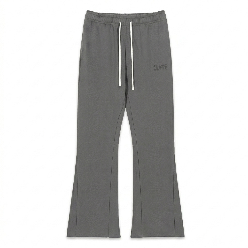 Custom Flared Sweatpants design direction 1: Subtle Tonal Wordmark featuring the SLATE wordmark