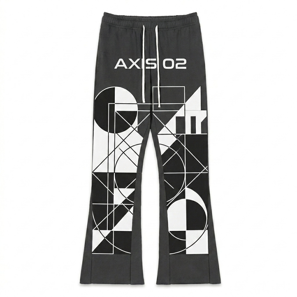 Custom Flared Sweatpants design direction 2: Abstract Geometric Graphic featuring the AXIS 02 wordmark
