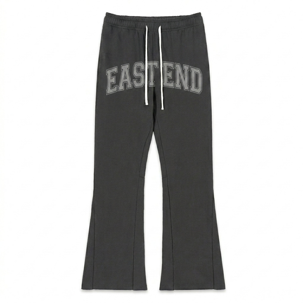Custom Flared Sweatpants design direction 3: Collegiate Sportswear Type featuring the EAST END wordmark
