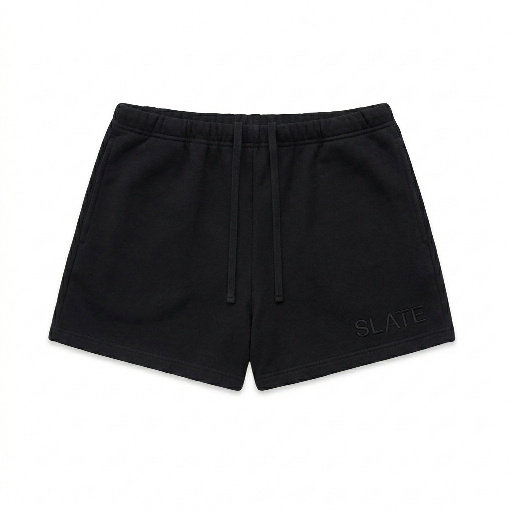 Custom Fleece Drawstring Sweatshorts design direction 1: Tonal Minimalist Wordmark featuring the SLATE wordmark