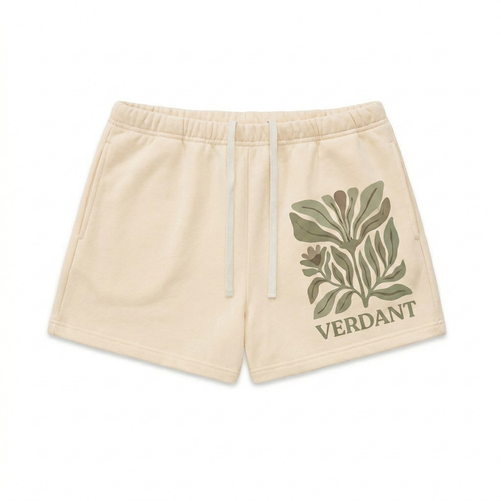 Custom Fleece Drawstring Sweatshorts design direction 2: Bold Graphic Illustration featuring the VERDANT wordmark