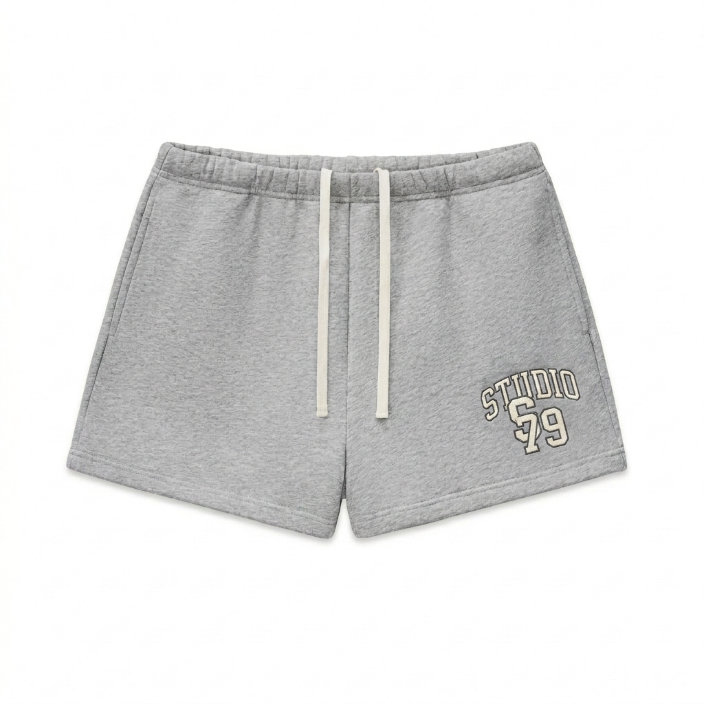 Custom Fleece Drawstring Sweatshorts design direction 3: Retro Collegiate Emblem featuring the STUDIO 79 wordmark