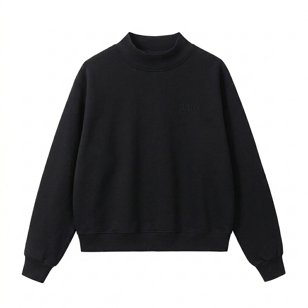 Custom Fleece Mock-Neck Crew Sweatshirt design direction 1: Tonal Minimalist Wordmark featuring the SLATE wordmark