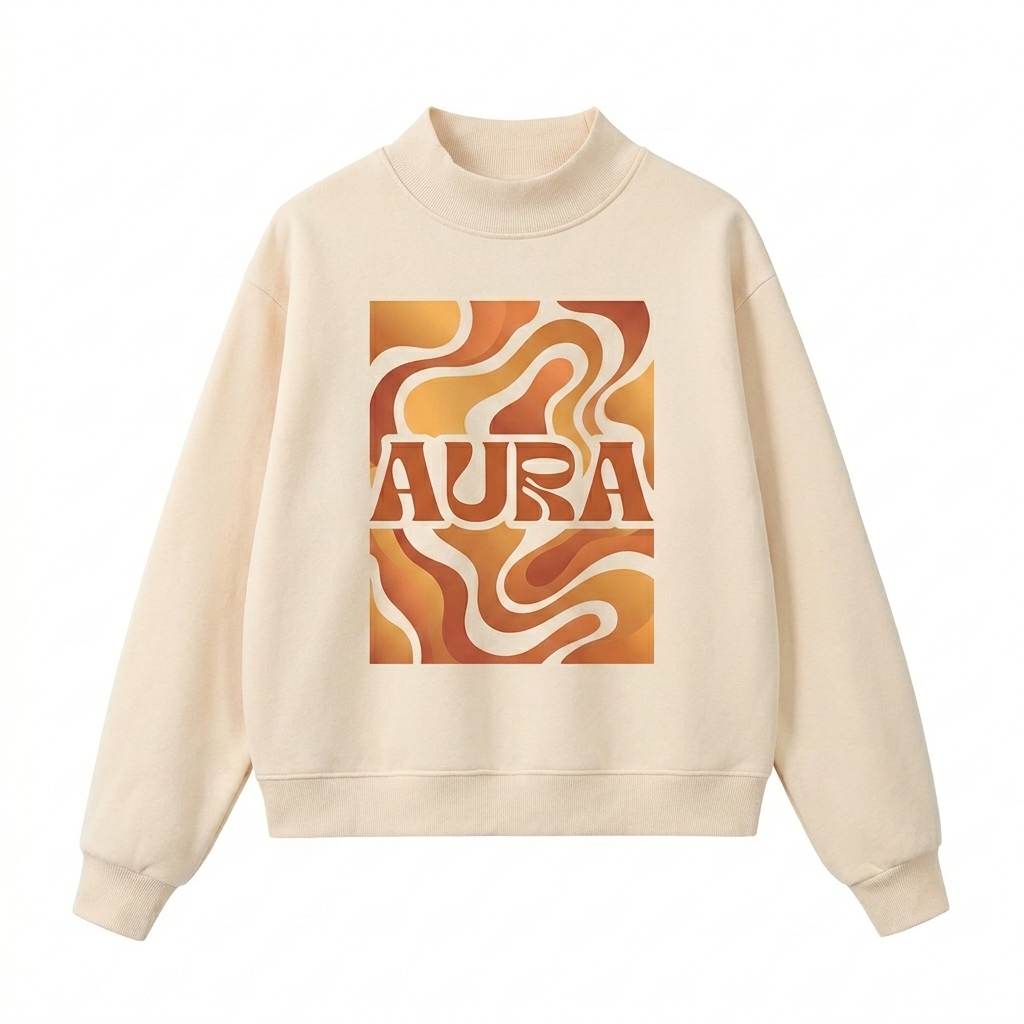 Custom Fleece Mock-Neck Crew Sweatshirt design direction 2: Bold Abstract Graphic featuring the AURA wordmark