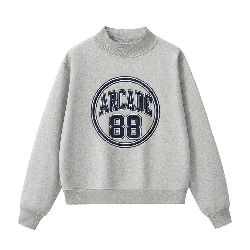 Custom Fleece Mock-Neck Crew Sweatshirt design direction 3: Retro Collegiate Emblem featuring the ARCADE 88 wordmark