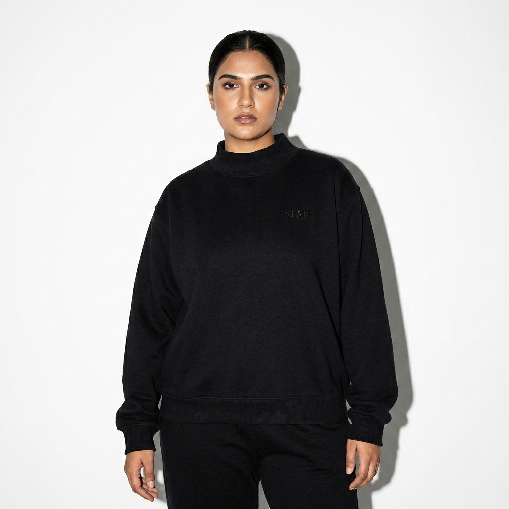 Fleece Mock-Neck Crew Sweatshirt worn by a broad-shouldered Pakistani female fashion influencer, y2k revival styling, studio lookbook — custom fleece mock-neck crew sweatshirt