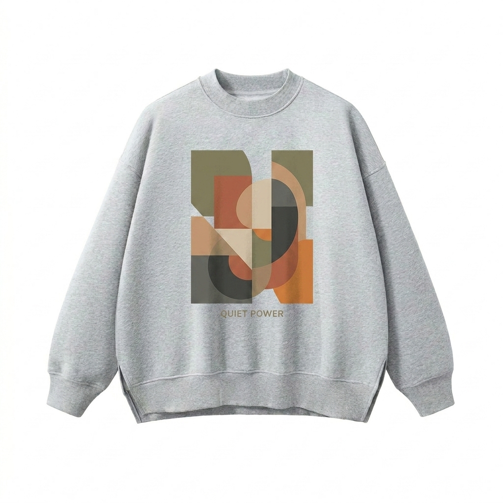 Custom Fleece Side Slit Crewneck Sweatshirt design direction 2: Bold Abstract Graphic featuring the QUIET POWER wordmark