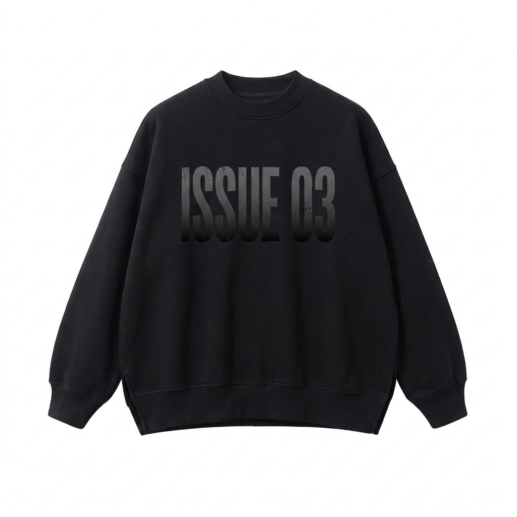 Custom Fleece Side Slit Crewneck Sweatshirt design direction 3: Typography Experiment featuring the ISSUE 03 wordmark