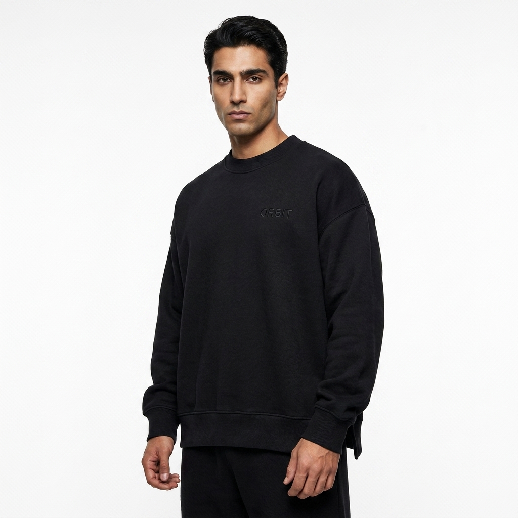 Fleece Side Slit Crewneck Sweatshirt worn by a lean Persian male fashion influencer, gorpcore outdoor styling, studio lookbook — custom fleece side slit crewneck sweatshirt