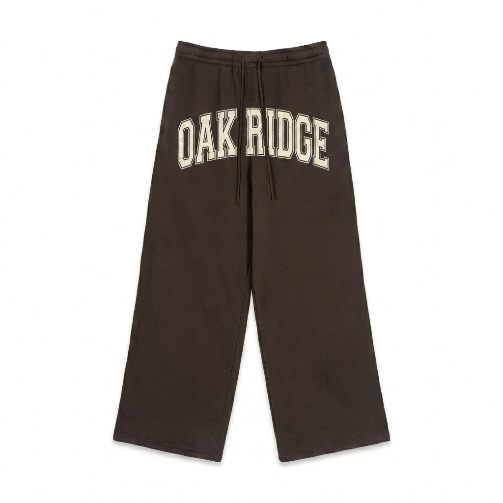 Custom Fleece Straight-Leg Sweatpants design direction 2: Vintage Collegiate Graphic featuring the OAK RIDGE wordmark