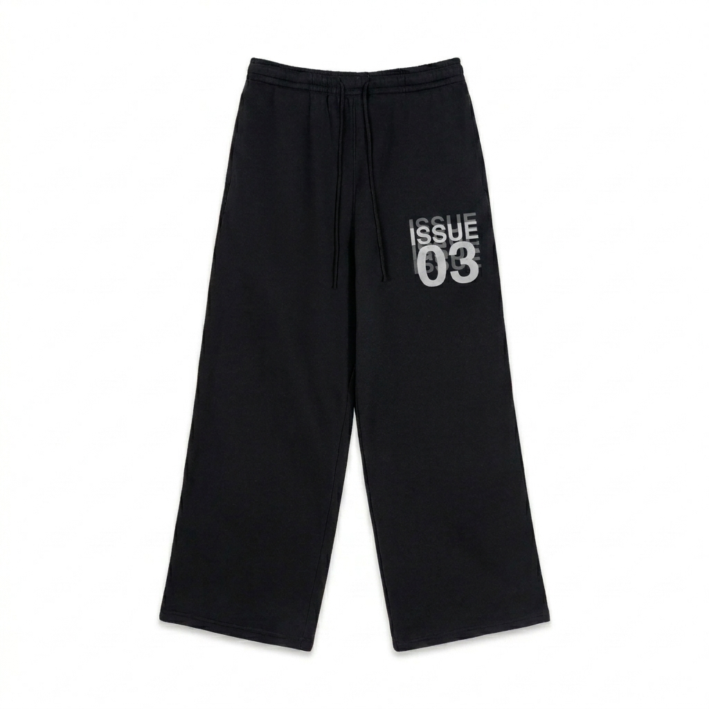 Custom Fleece Straight-Leg Sweatpants design direction 3: Abstract Typographic Statement featuring the ISSUE 03 wordmark