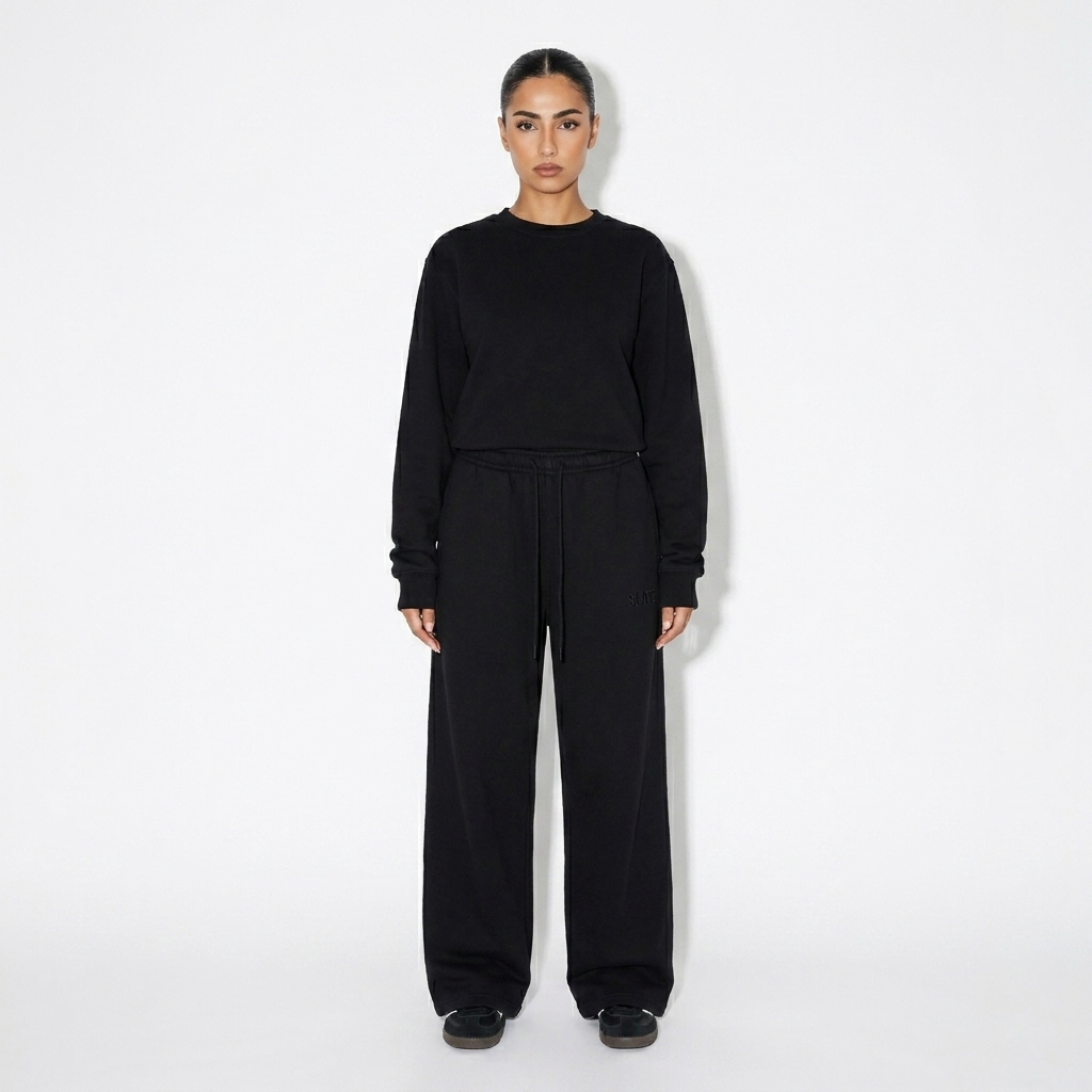 Fleece Straight-Leg Sweatpants worn by a petite Middle Eastern female fashion influencer, gorpcore outdoor styling, studio lookbook — custom fleece straight-leg sweatpants
