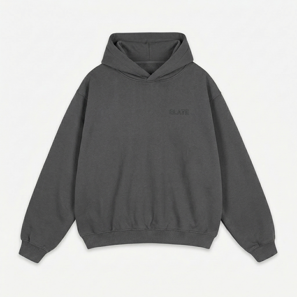 Custom Fleeced Boxy Hoodie design direction 1: Tonal Minimalist Wordmark featuring the SLATE wordmark