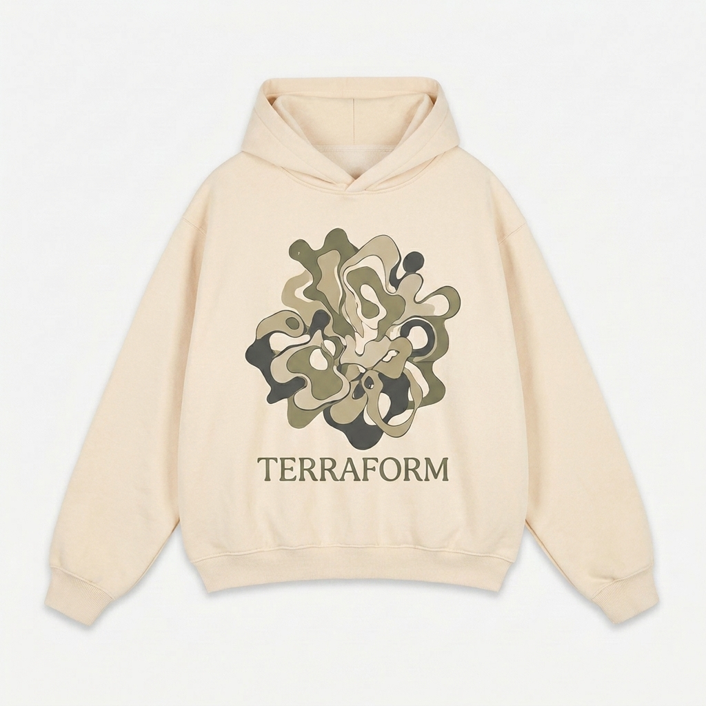 Custom Fleeced Boxy Hoodie design direction 2: Bold Abstract Graphic featuring the TERRAFORM wordmark