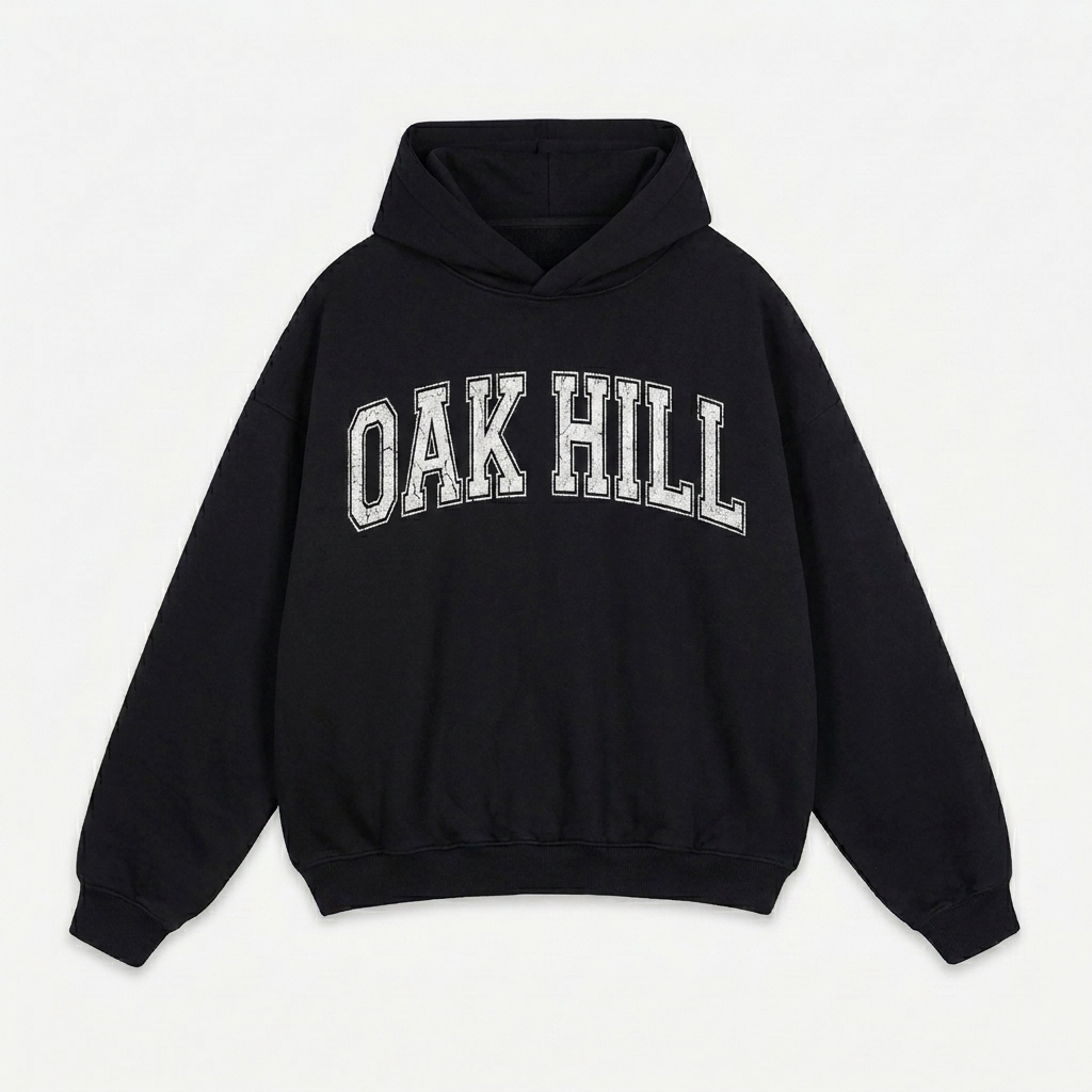Custom Fleeced Boxy Hoodie design direction 3: Retro Collegiate Emblem featuring the OAK HILL wordmark