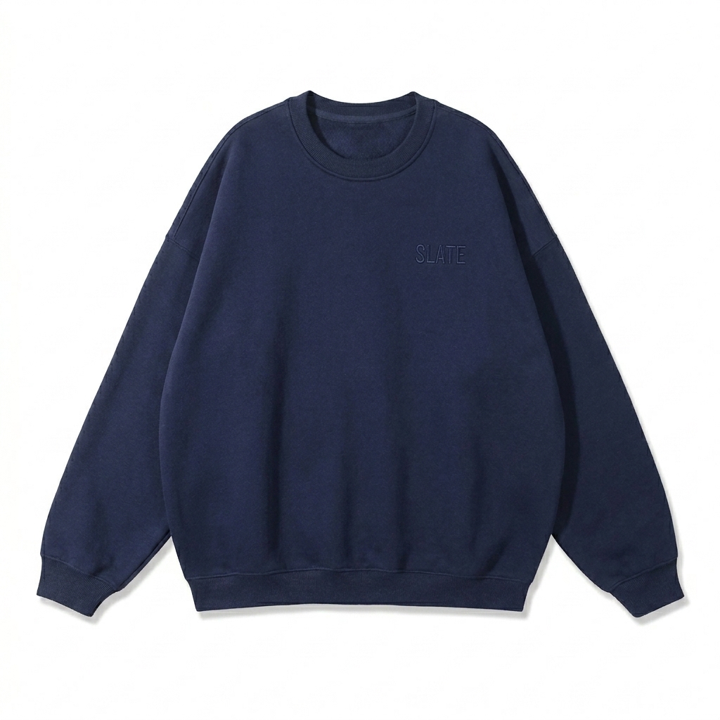 Custom Fleeced Crewneck Sweatshirt design direction 1: Subtle Tonal Wordmark featuring the SLATE wordmark