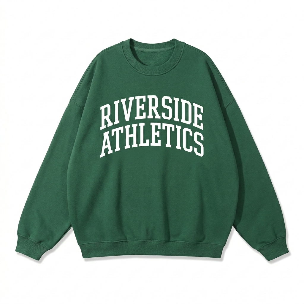 Custom Fleeced Crewneck Sweatshirt design direction 3: Varsity Arch Wordmark featuring the RIVERSIDE ATHLETICS wordmark