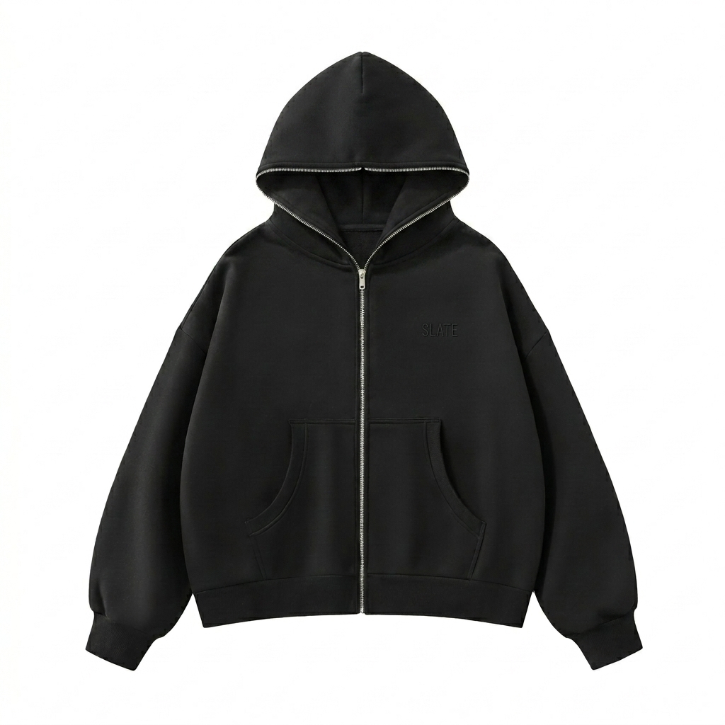 Custom Fleeced Full-Zip Boxy Hoodie design direction 1: Tonal Minimalist Wordmark featuring the SLATE wordmark