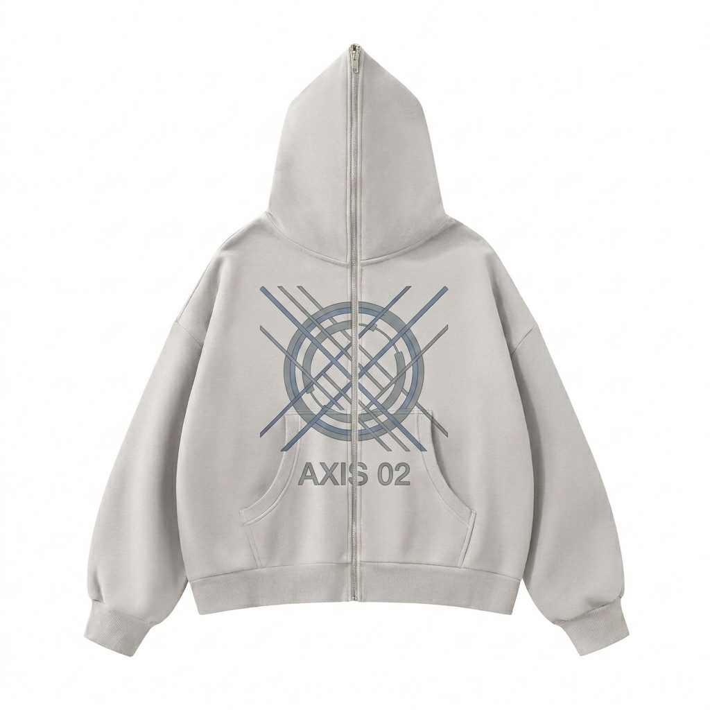 Custom Fleeced Full-Zip Boxy Hoodie design direction 2: Bold Abstract Graphic featuring the AXIS 02 wordmark
