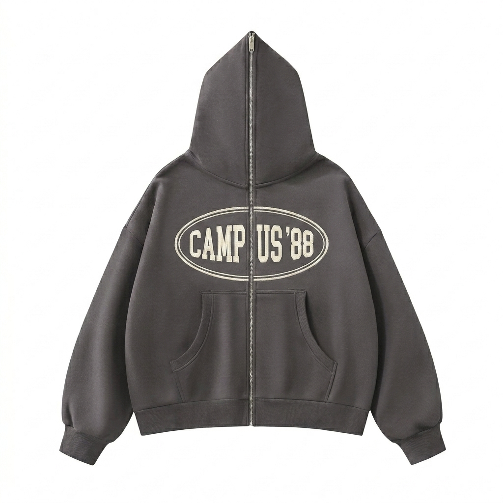 Custom Fleeced Full-Zip Boxy Hoodie design direction 3: Retro Collegiate Emblem featuring the CAMPUS '88 wordmark