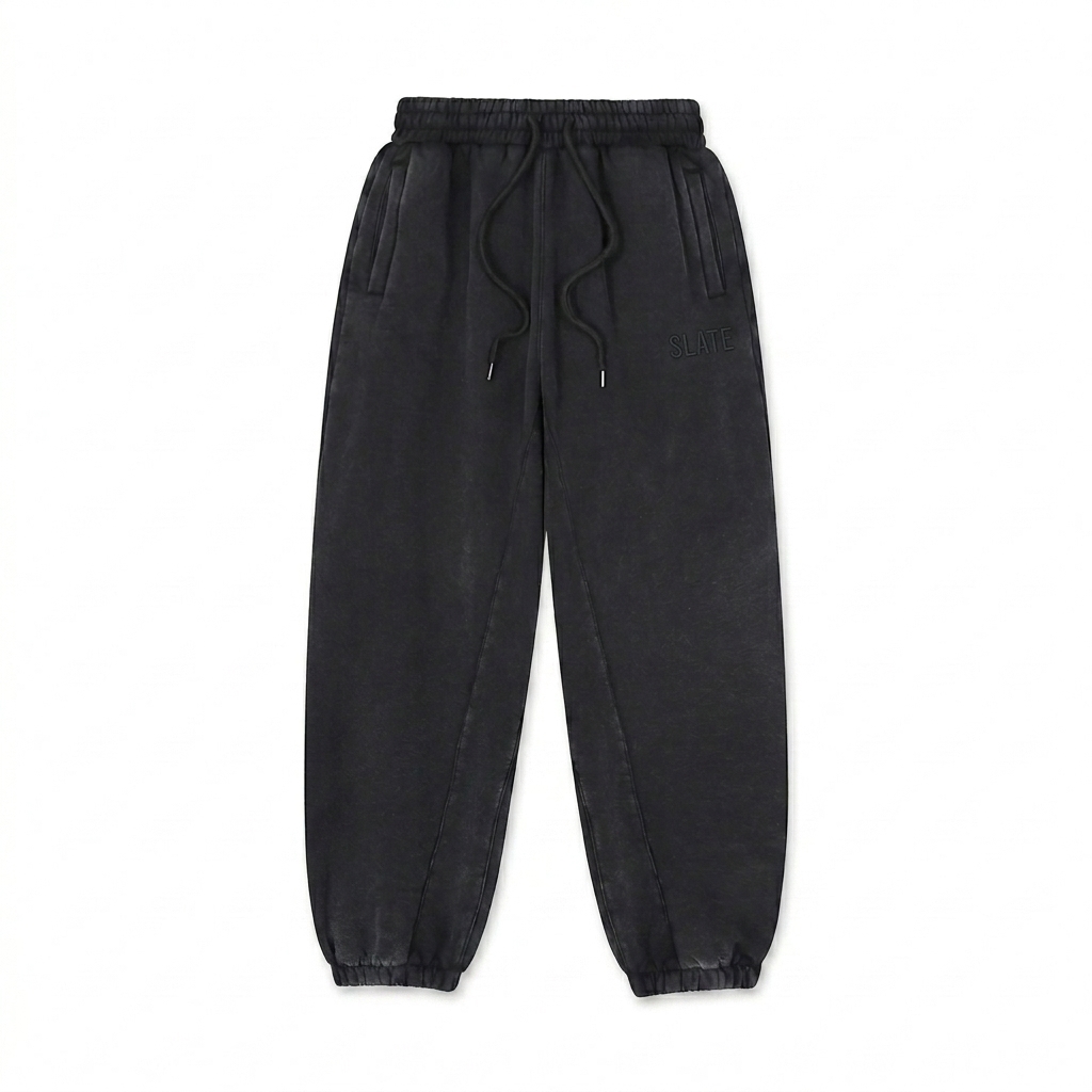 Custom Fleeced Jogger Sweatpants design direction 1: Tonal Minimalist Wordmark featuring the SLATE wordmark