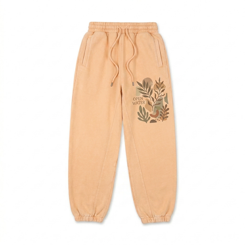Custom Fleeced Jogger Sweatpants design direction 2: Botanical Illustration Graphic featuring the OPEN WATER wordmark