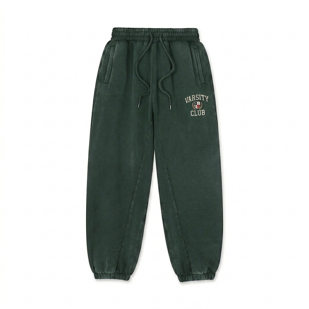 Custom Fleeced Jogger Sweatpants design direction 3: Retro Collegiate Emblem featuring the VARSITY CLUB wordmark