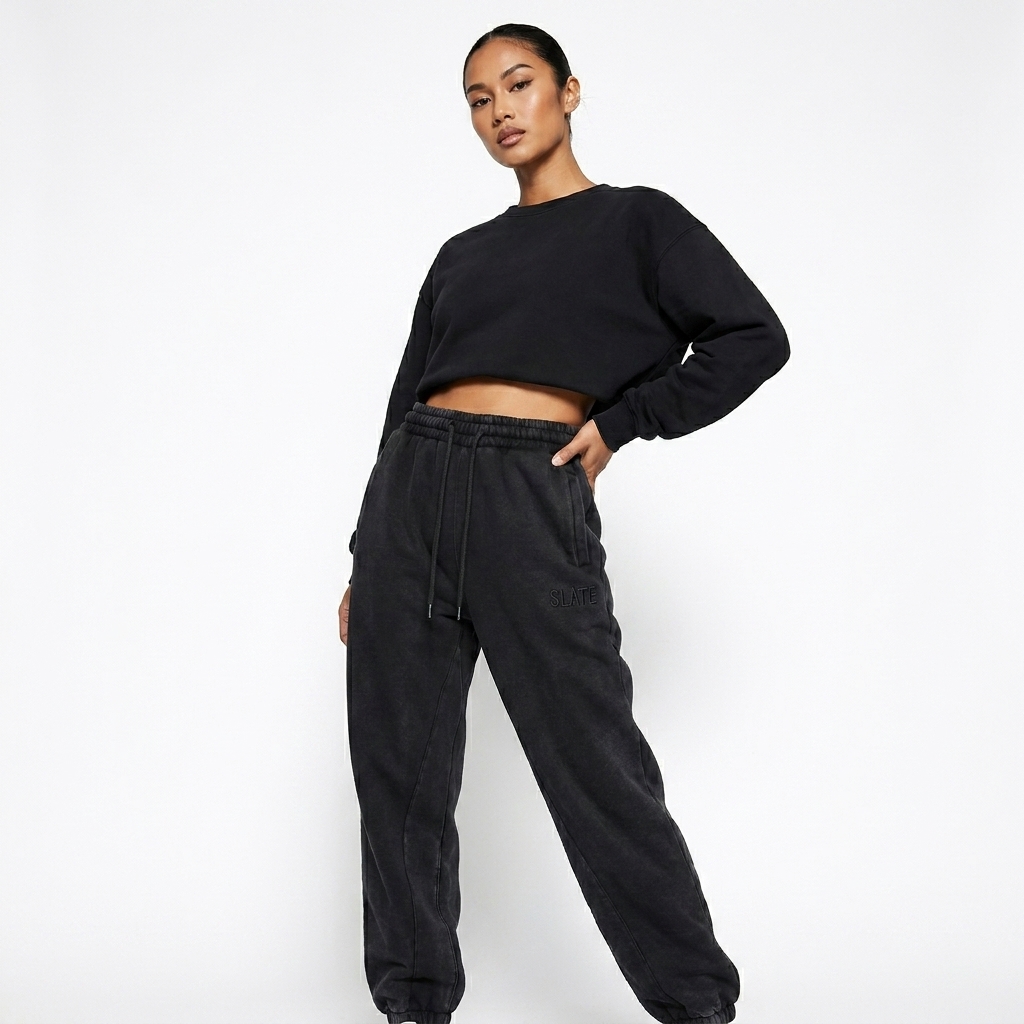 Fleeced Jogger Sweatpants worn by a lean Southeast Asian female fashion influencer, minimalist luxury styling, studio lookbook — custom fleeced jogger sweatpants