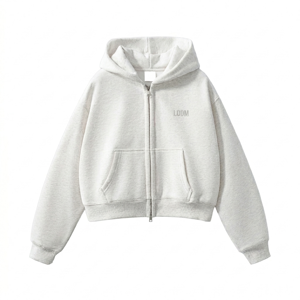 Custom Fleeced Zip-Up Cropped Hoodie design direction 1: Tonal Minimalist Wordmark featuring the LOOM wordmark