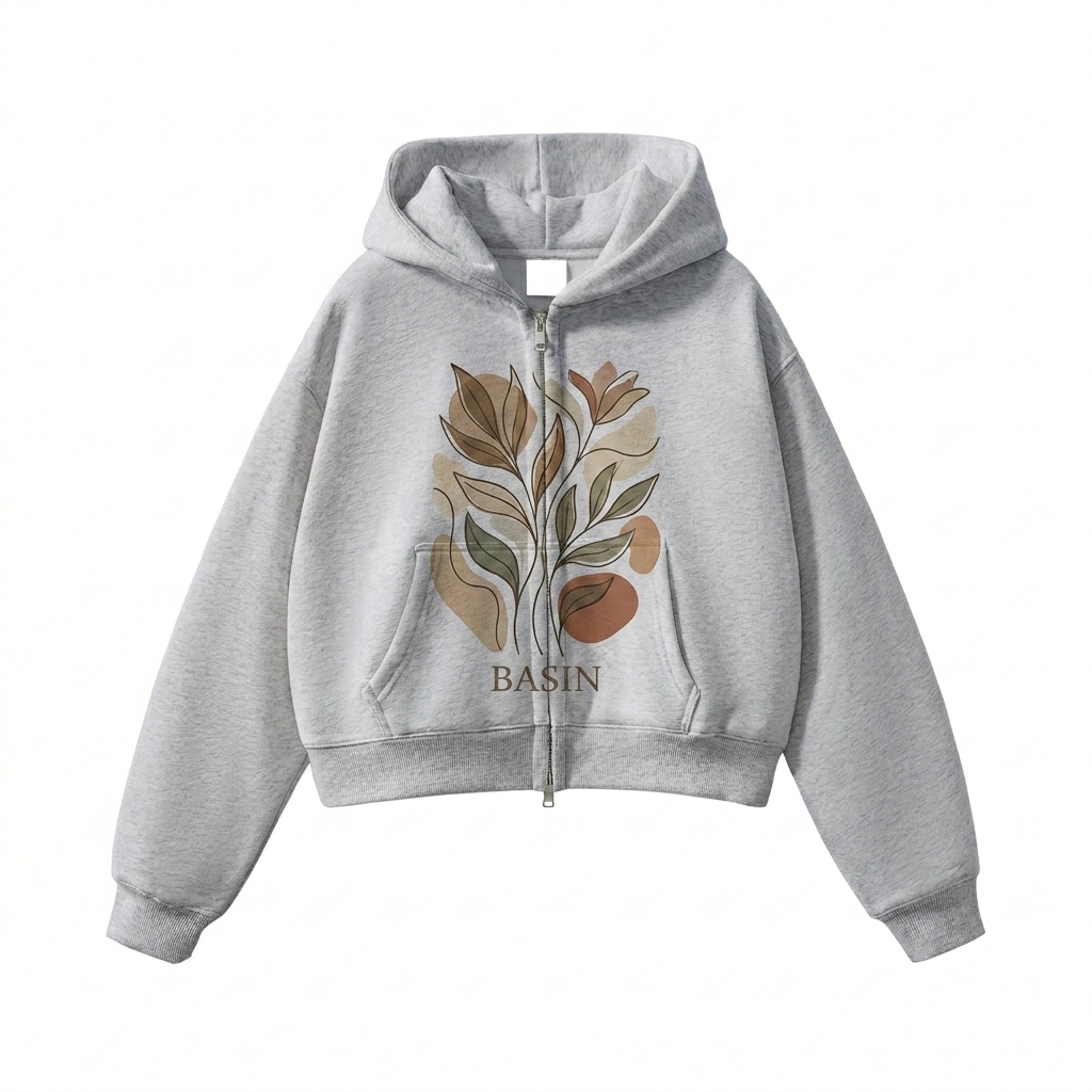 Custom Fleeced Zip-Up Cropped Hoodie design direction 2: Bold Abstract Graphic featuring the BASIN wordmark