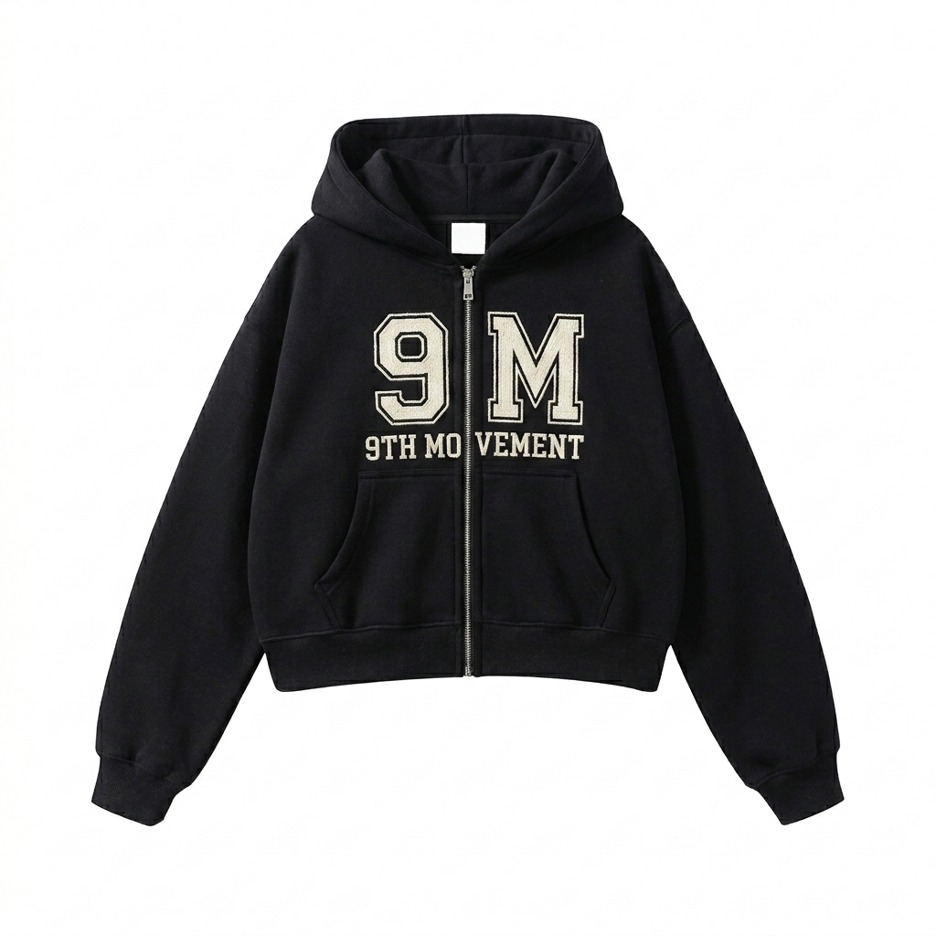 Custom Fleeced Zip-Up Cropped Hoodie design direction 3: Retro Collegiate Emblem featuring the 9TH MOVEMENT wordmark