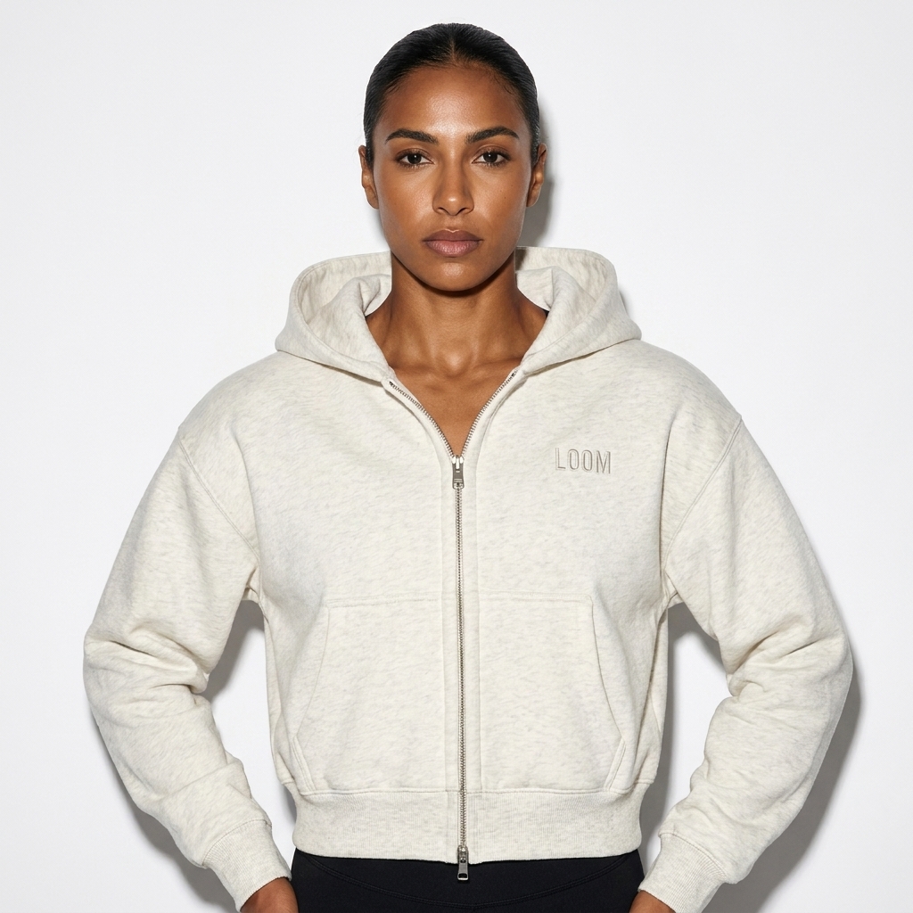 Fleeced Zip-Up Cropped Hoodie worn by a athletic muscular North African female fashion influencer, preppy ivy styling, studio lookbook — custom fleeced zip-up cropped hoodie