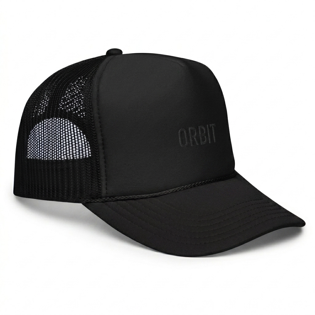 Custom Foam Trucker Hat design direction 1: Tonal Minimalist Wordmark featuring the ORBIT wordmark