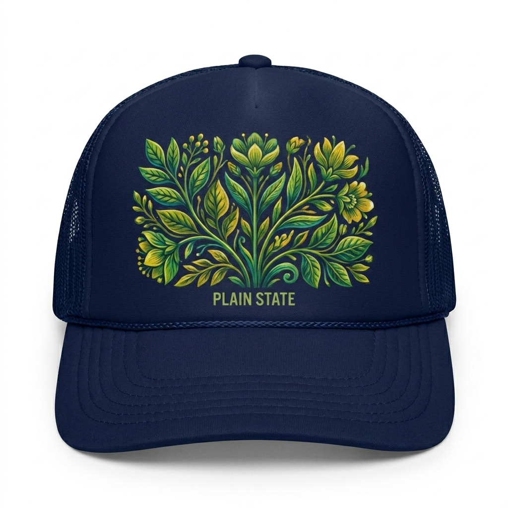 Custom Foam Trucker Hat design direction 2: Bold Graphic Illustration featuring the PLAIN STATE wordmark