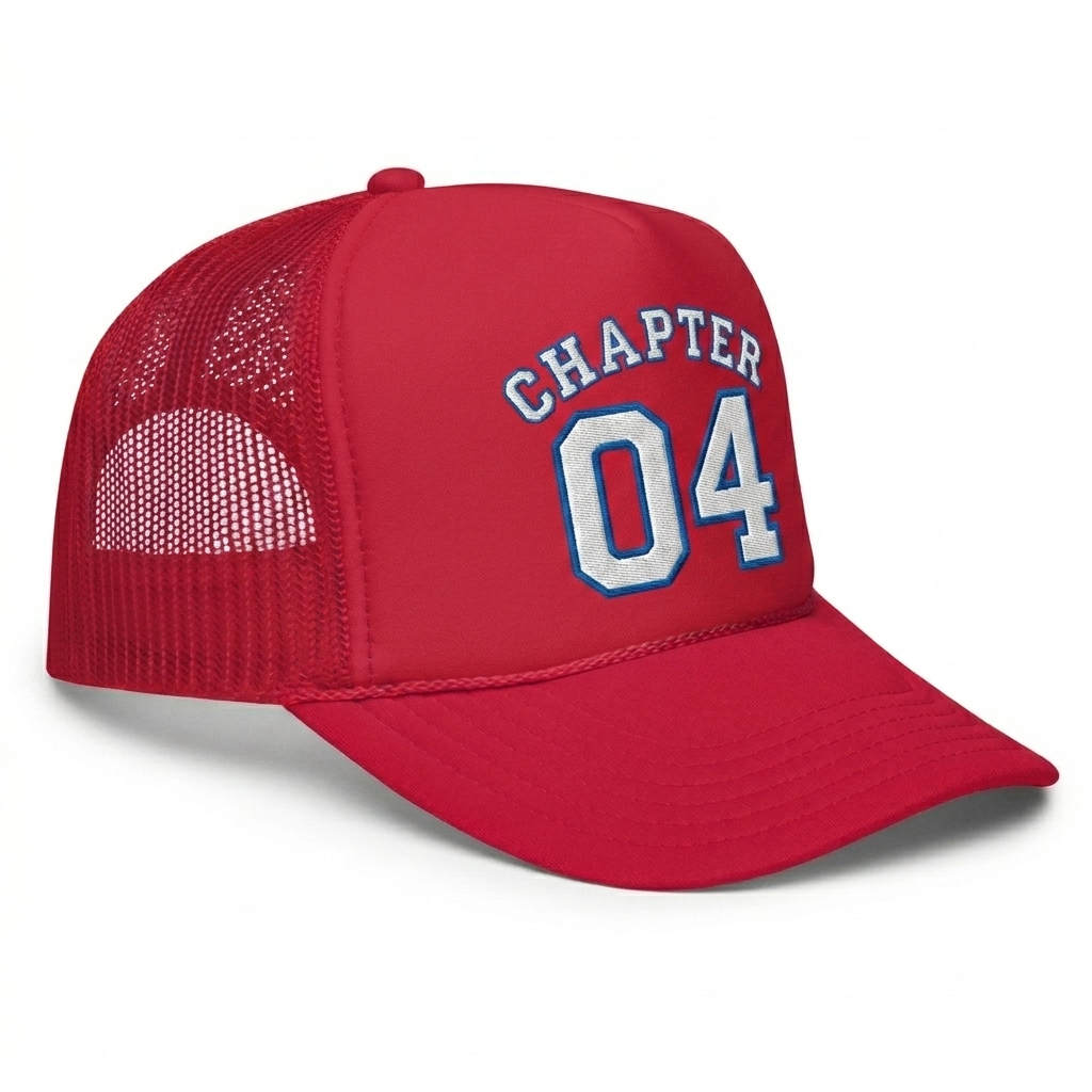 Custom Foam Trucker Hat design direction 3: Retro Collegiate Emblem featuring the CHAPTER 04 wordmark