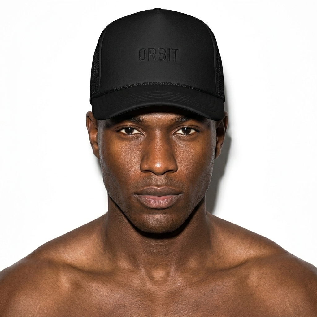 Foam Trucker Hat worn by a broad-shouldered East African male fashion influencer, gorpcore outdoor styling, studio lookbook — custom foam trucker hat
