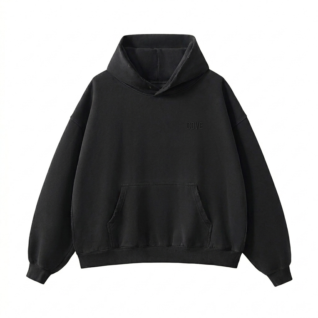 Custom Frayed Enzyme Washed Fleece Hoodie design direction 1: Tonal Minimalist Wordmark featuring the COVE wordmark