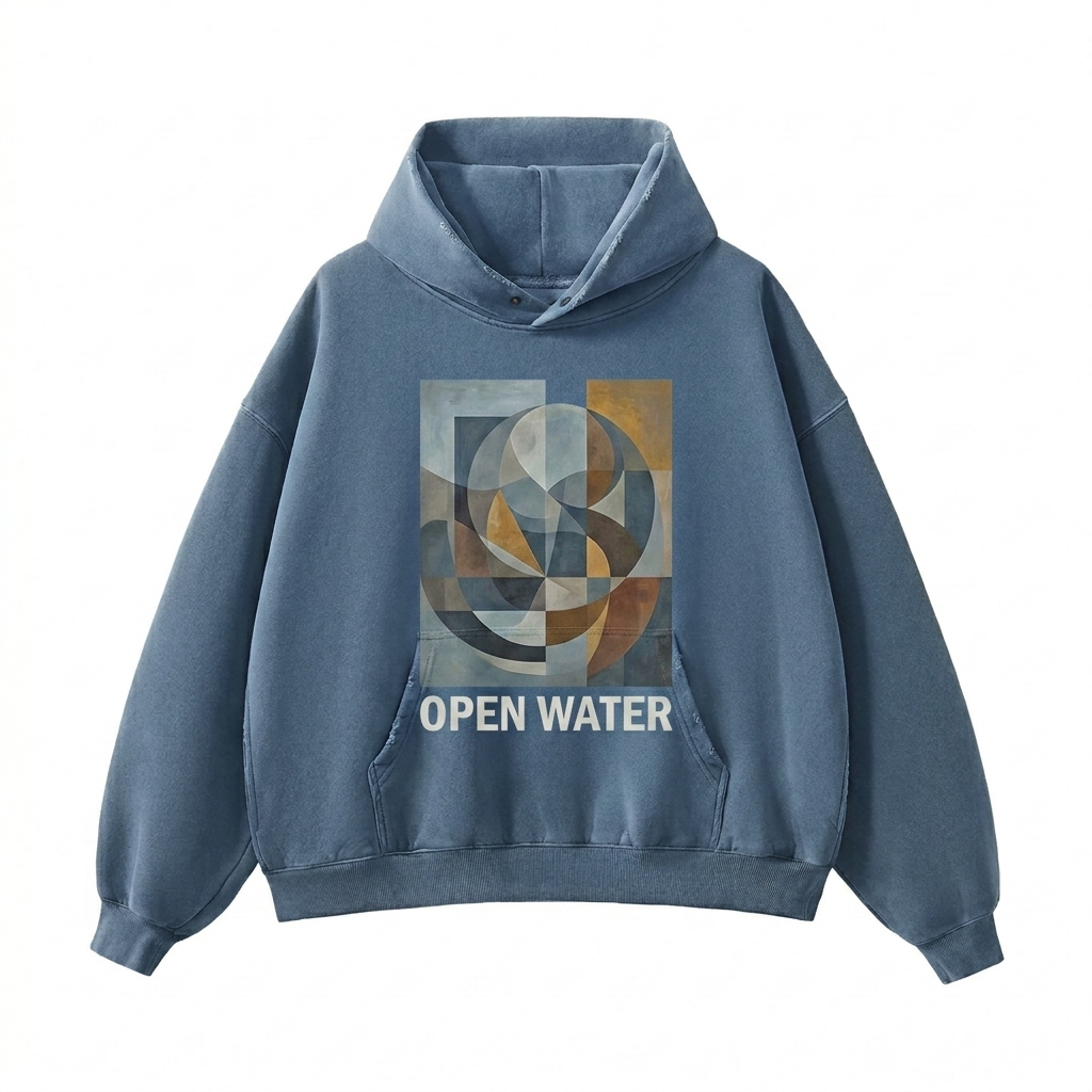 Custom Frayed Enzyme Washed Fleece Hoodie design direction 2: Bold Abstract Graphic featuring the OPEN WATER wordmark