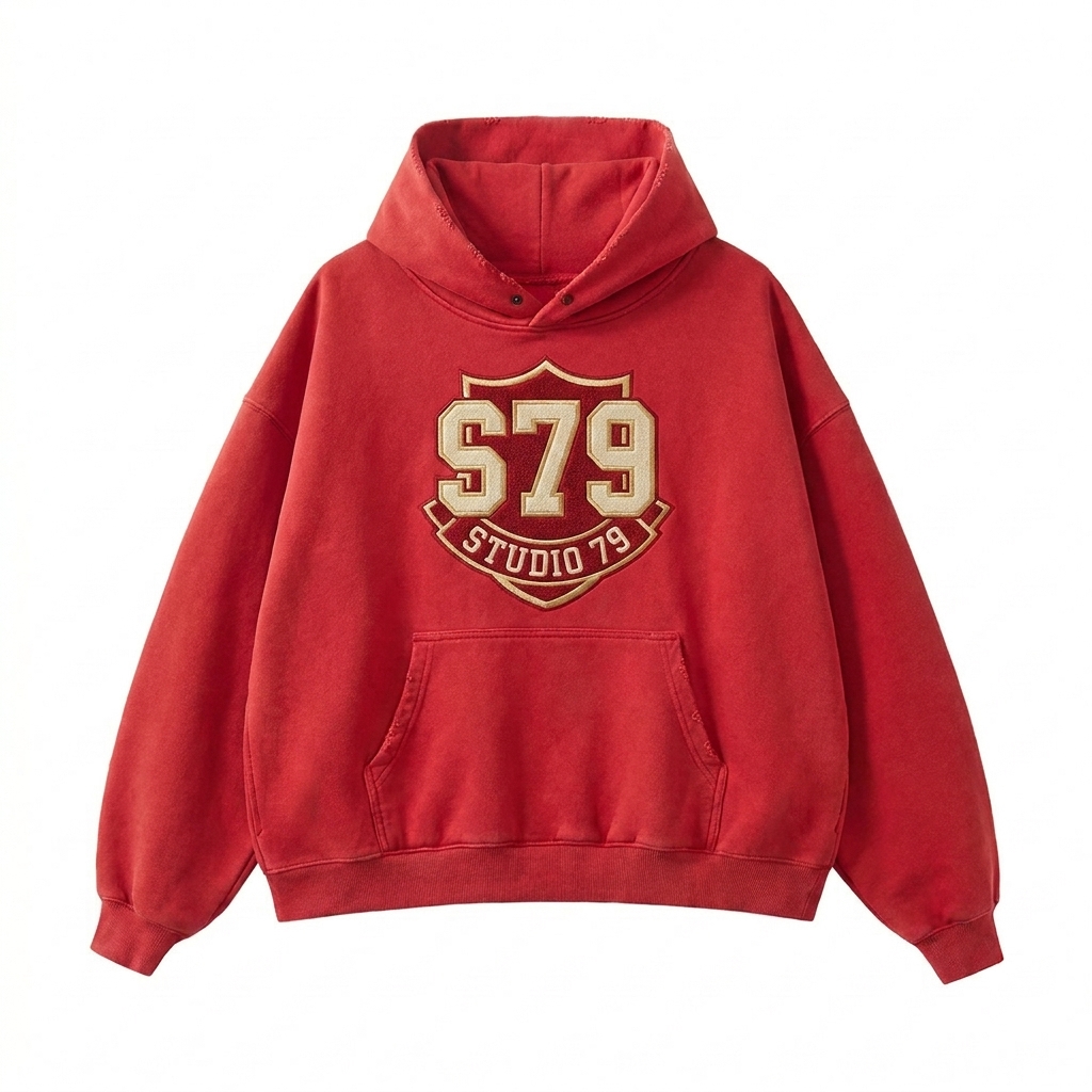 Custom Frayed Enzyme Washed Fleece Hoodie design direction 3: Retro Collegiate Emblem featuring the STUDIO 79 wordmark